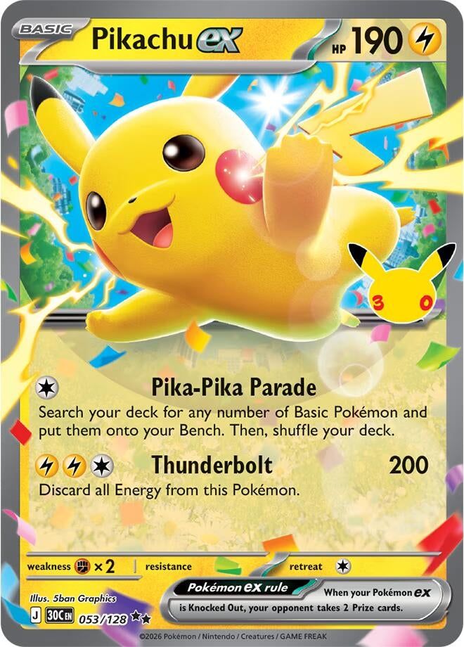 Image for (053/128) Pikachu ex (ME: 30th Celebration) (30C) - Pokemon
